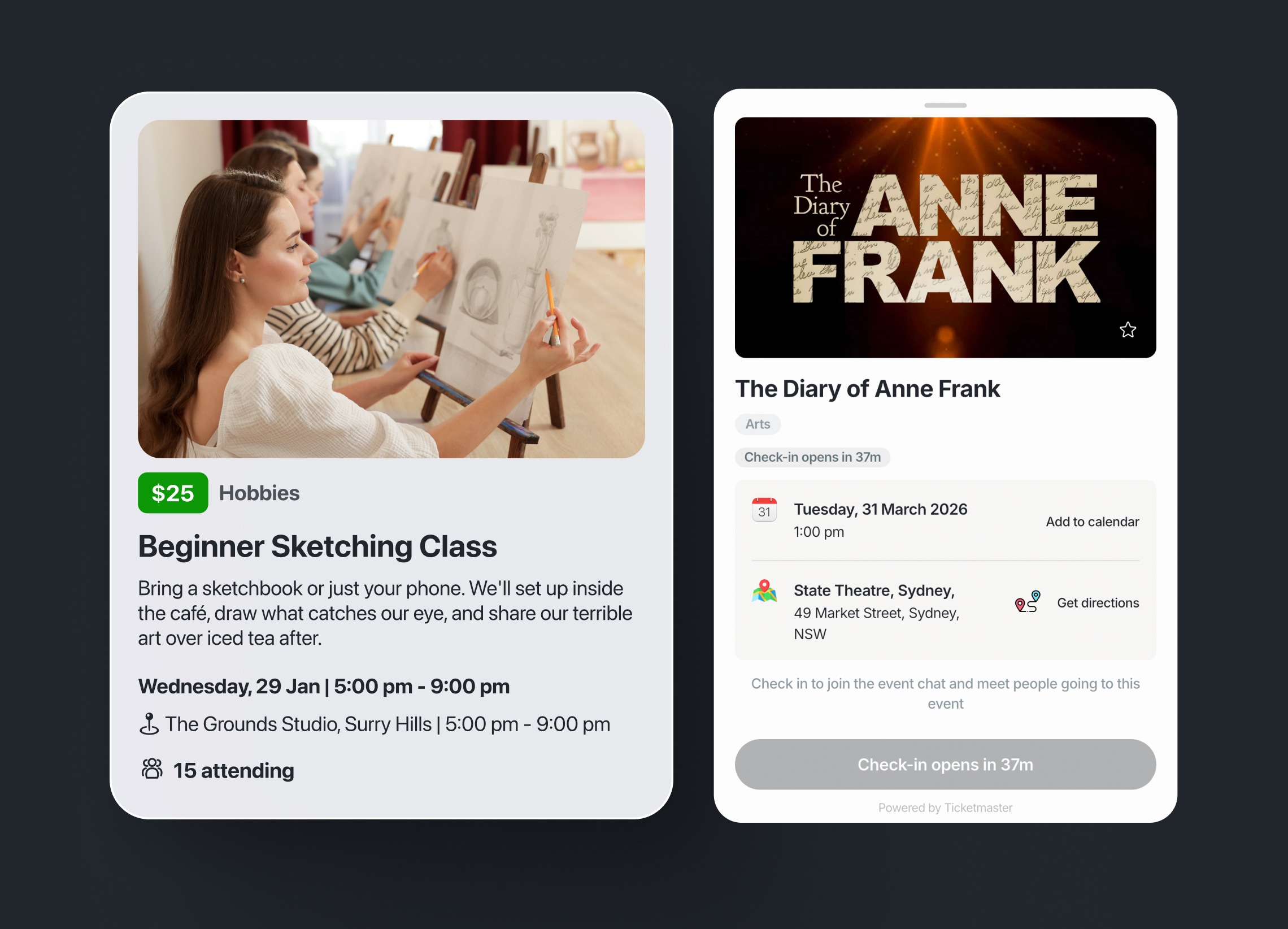 Circles, What's On, and Live Events screens