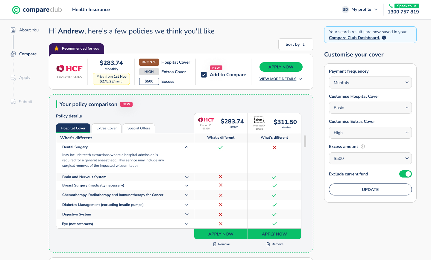 Mobile filters, comparison view, rebate calculator